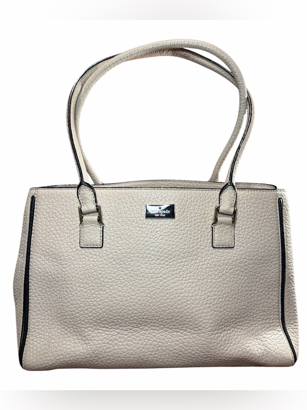 Kate Spade Cream Pebbled Leather Shoulder Bag with Black Trim & Striped Interior